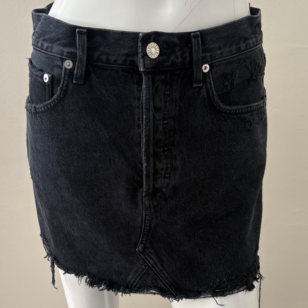 Agolde Denim Frayed Hem High Waisted Mini Jean Skirt w Button Fly